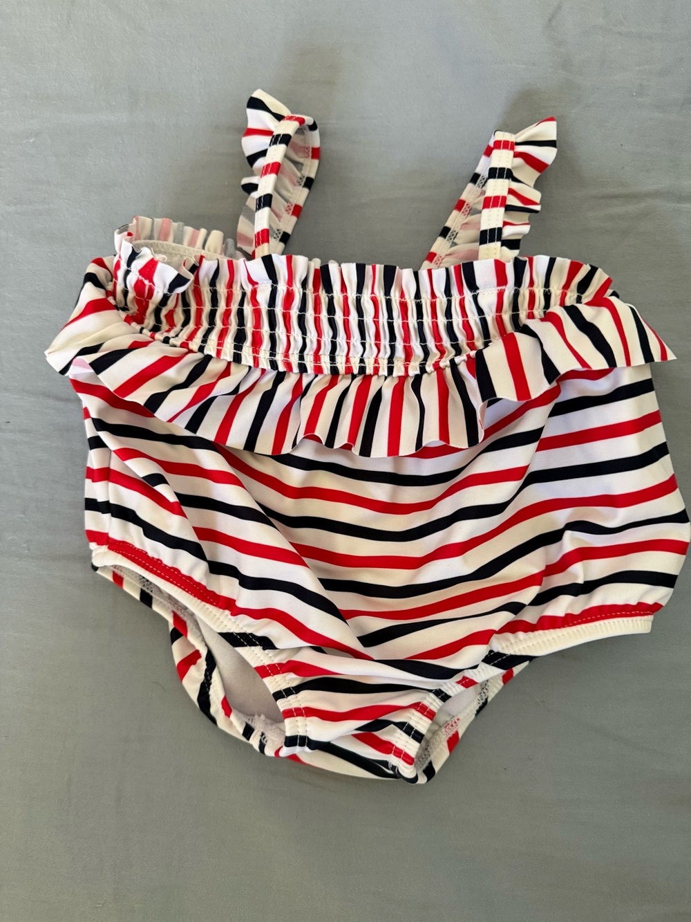 Girls Striped Red, White & Navy Ruffle One-Piece Swimsuit